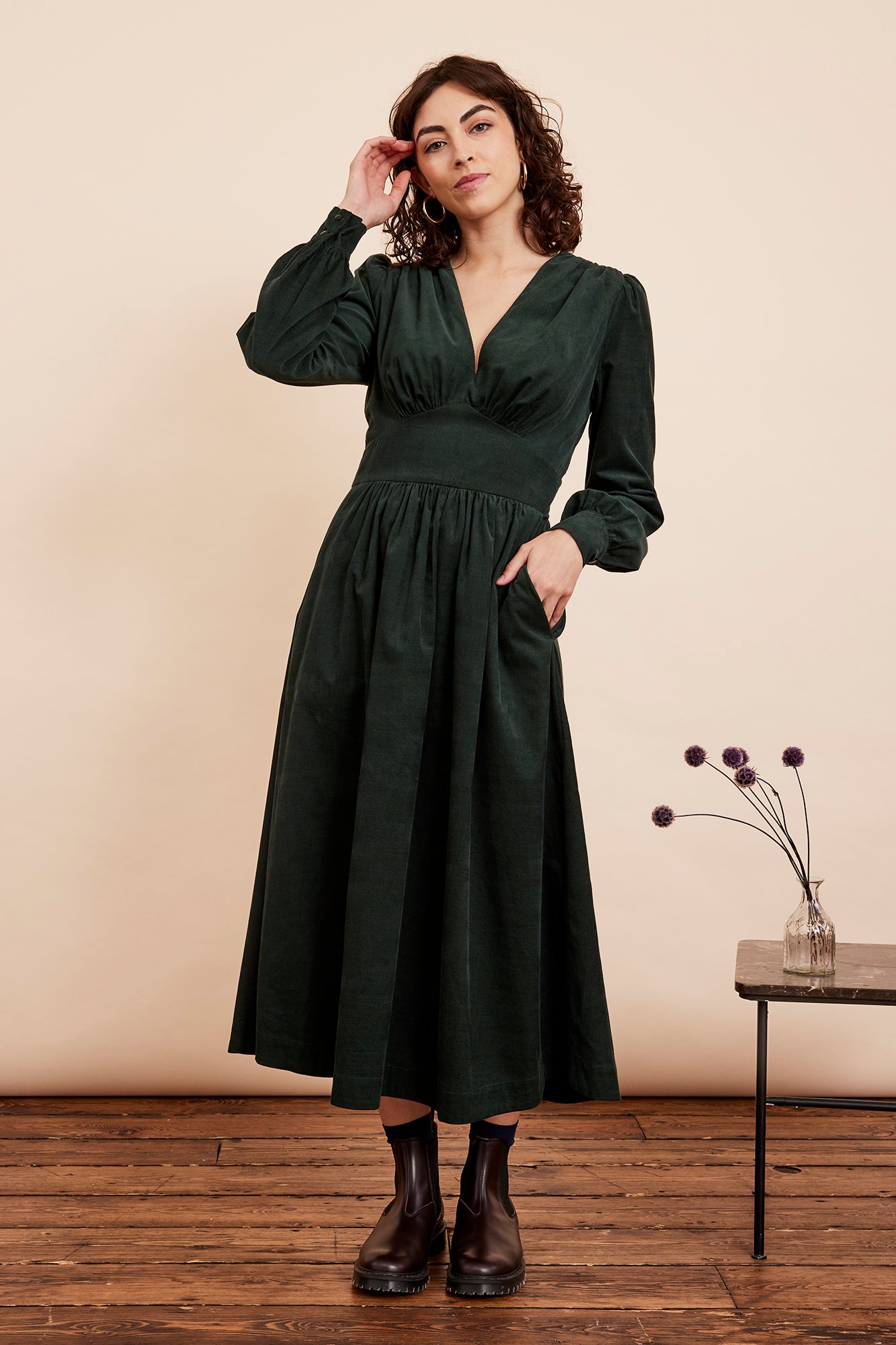 Image of AMARA NEEDLECORD SYCAMORE GREEN DRESS - NON RETURNABLE SAMPLE SAMPLE SALE - Dress