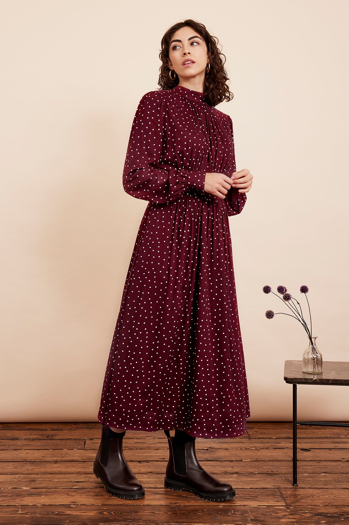 Image of Daphne Plum Red Spot Dress Autumn/Winter 2024 - Dress