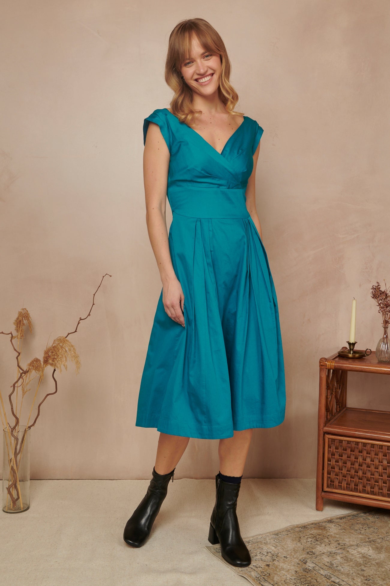 Image of FLORENCE COTTON SATIN BLUE TOPAZ DRESS - NON RETURNABLE SAMPLE SAMPLE SALE - Dress