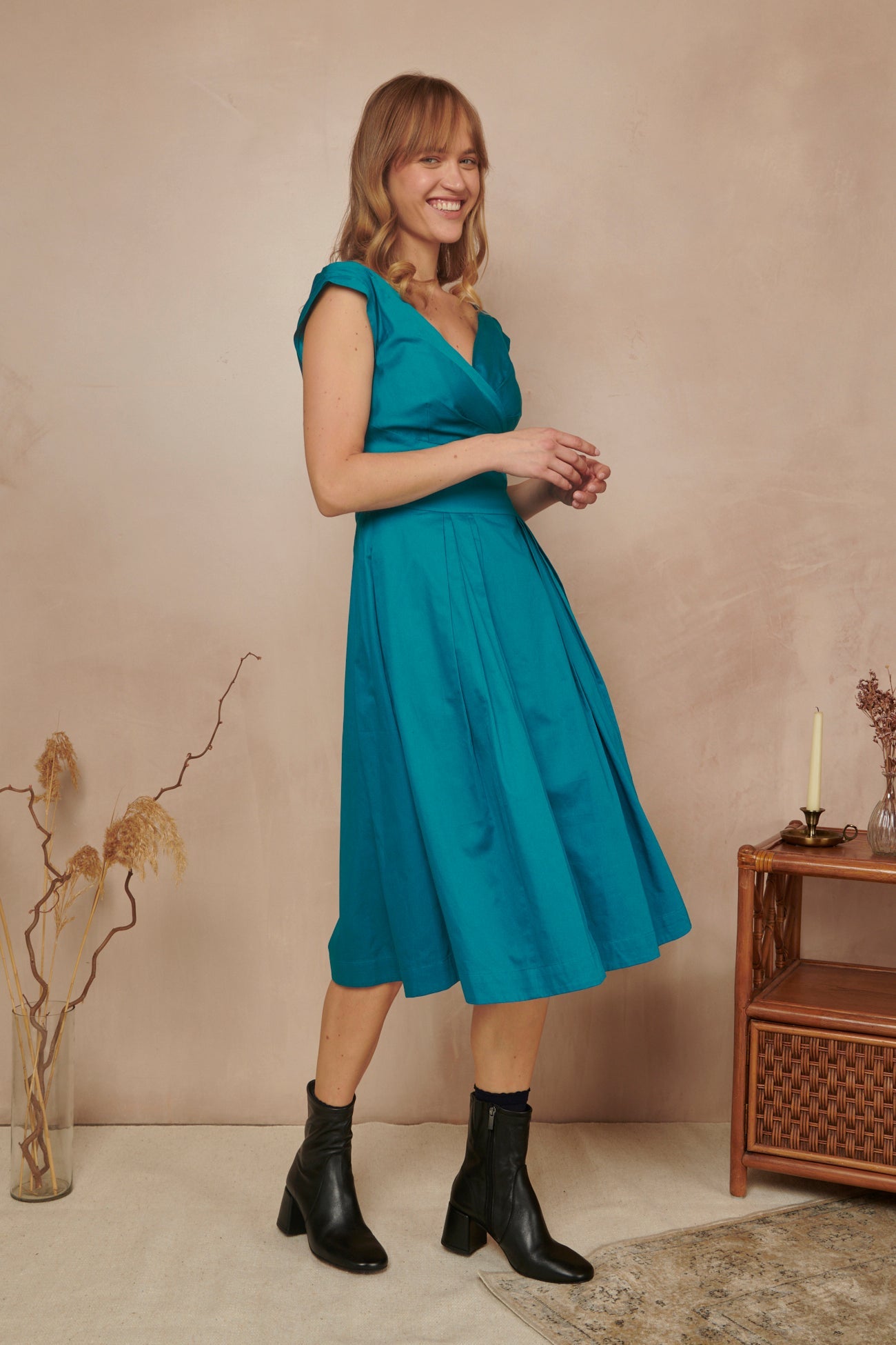 Image of FLORENCE COTTON SATIN BLUE TOPAZ DRESS - NON RETURNABLE SAMPLE SAMPLE SALE - Dress